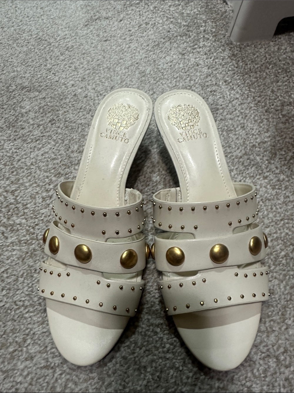 Vince Camuto Cream Slide Sandals with Gold Studs